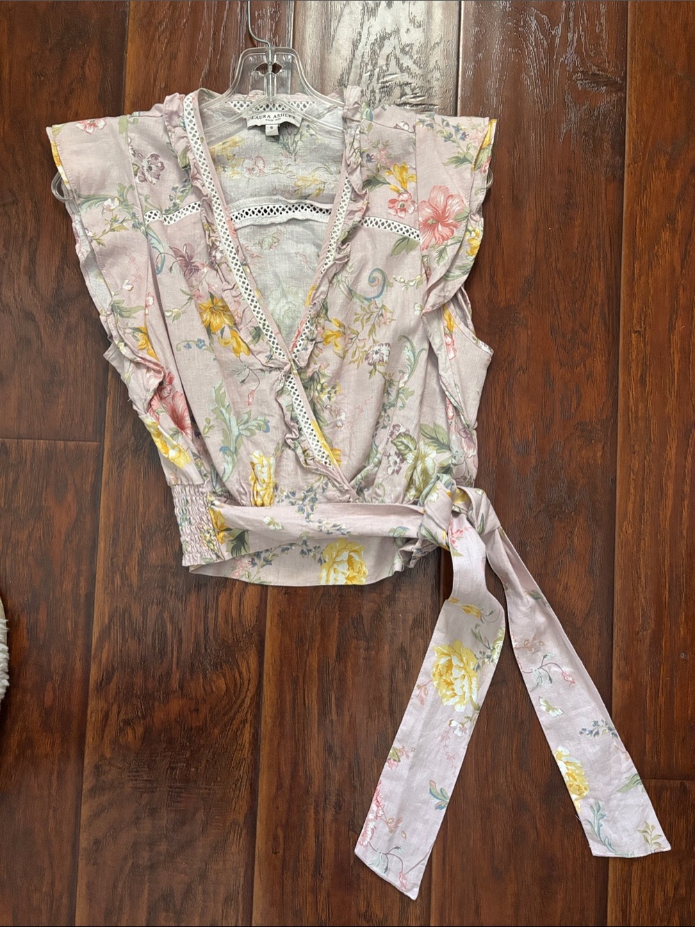 Laura Ashley Light Pink Floral Wrap Blouse with Tie Waist